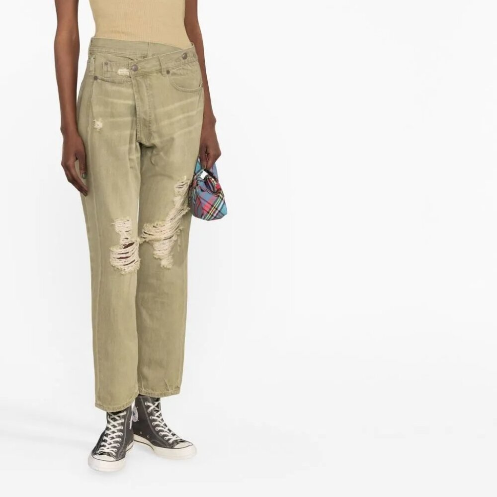 R13 Crossover Destroyed Ripped Jeans Moss Green size 27